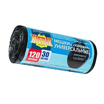 Мешки для мусора 120 л, с ушками, черные, в рулоне 30 шт., ПНД, 15 мкм, 1100х700 мм, Крепак, 4607075710375 в Курске